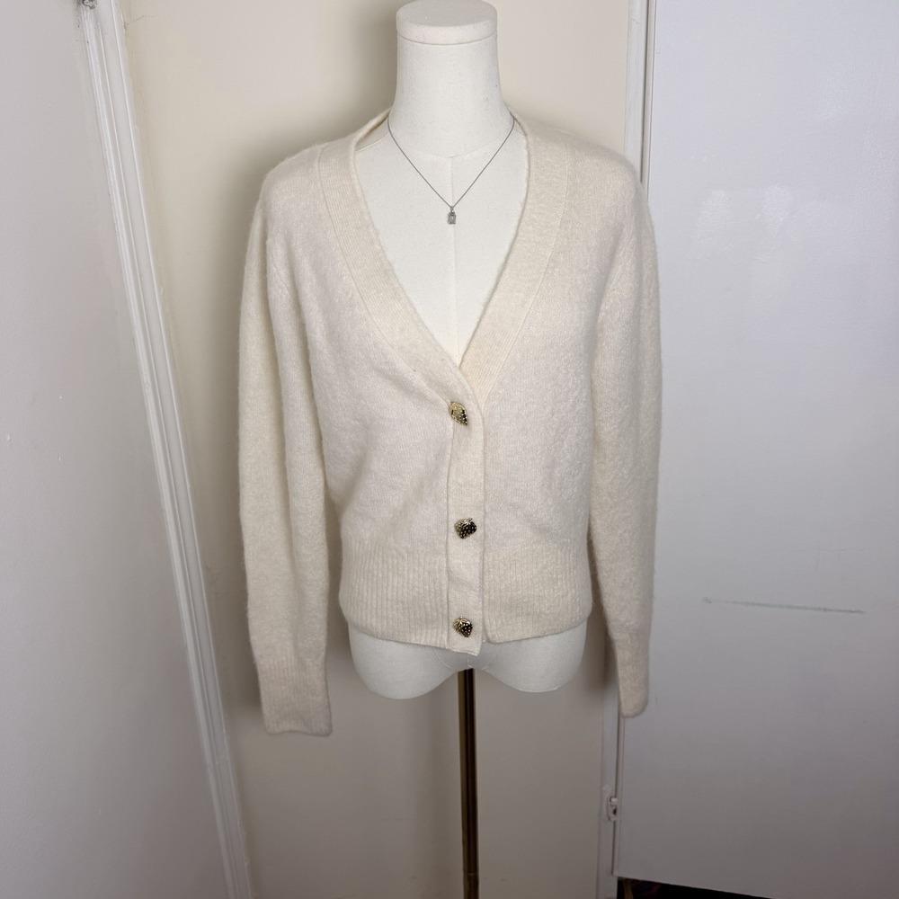 & Other Stories White Wool Mohair Blend Gold Strawberry Buttons Cardigan Sz S